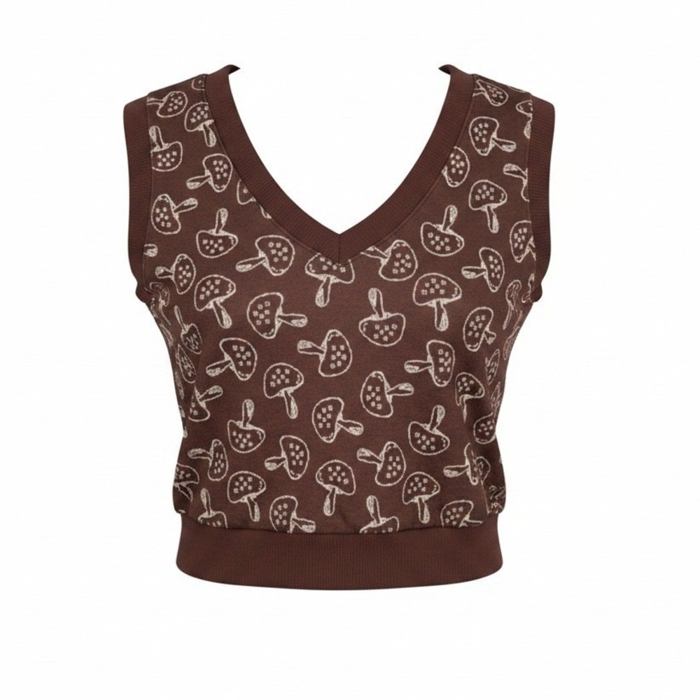 Mixed Threads Preppy Boho Brown Woodland Mushroom Print V Neck Vest NWT Small